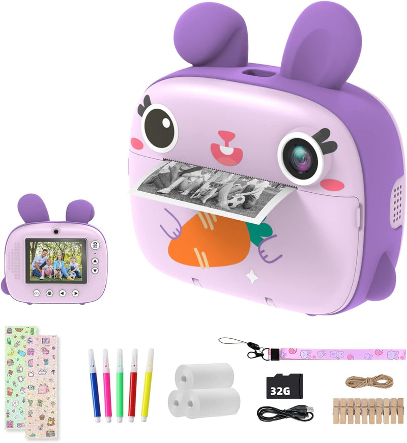 Kinderkamera Sofortbildkamera, CAMCLID Kamera Kinder mit 3 Rollen Thermopapier & 32G SD Karte,Digita