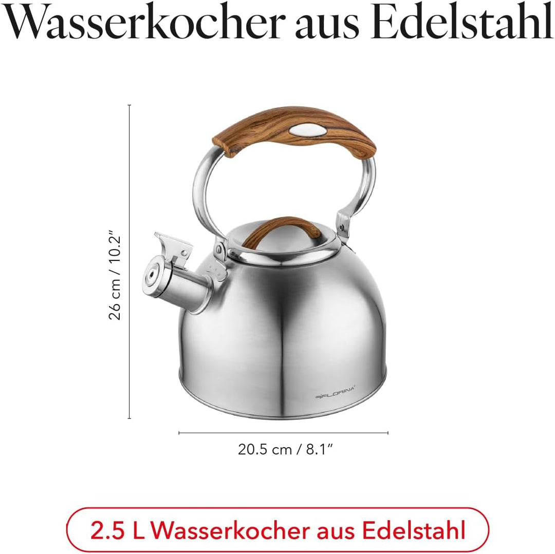 FLORINA JOE Wasserkessel (2,5 l) I Edelstahl Teekessel I Flötenkessel mit Soft-Touch Griff I Dekorat