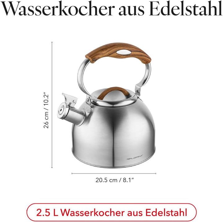 FLORINA JOE Wasserkessel (2,5 l) I Edelstahl Teekessel I Flötenkessel mit Soft-Touch Griff I Dekorat