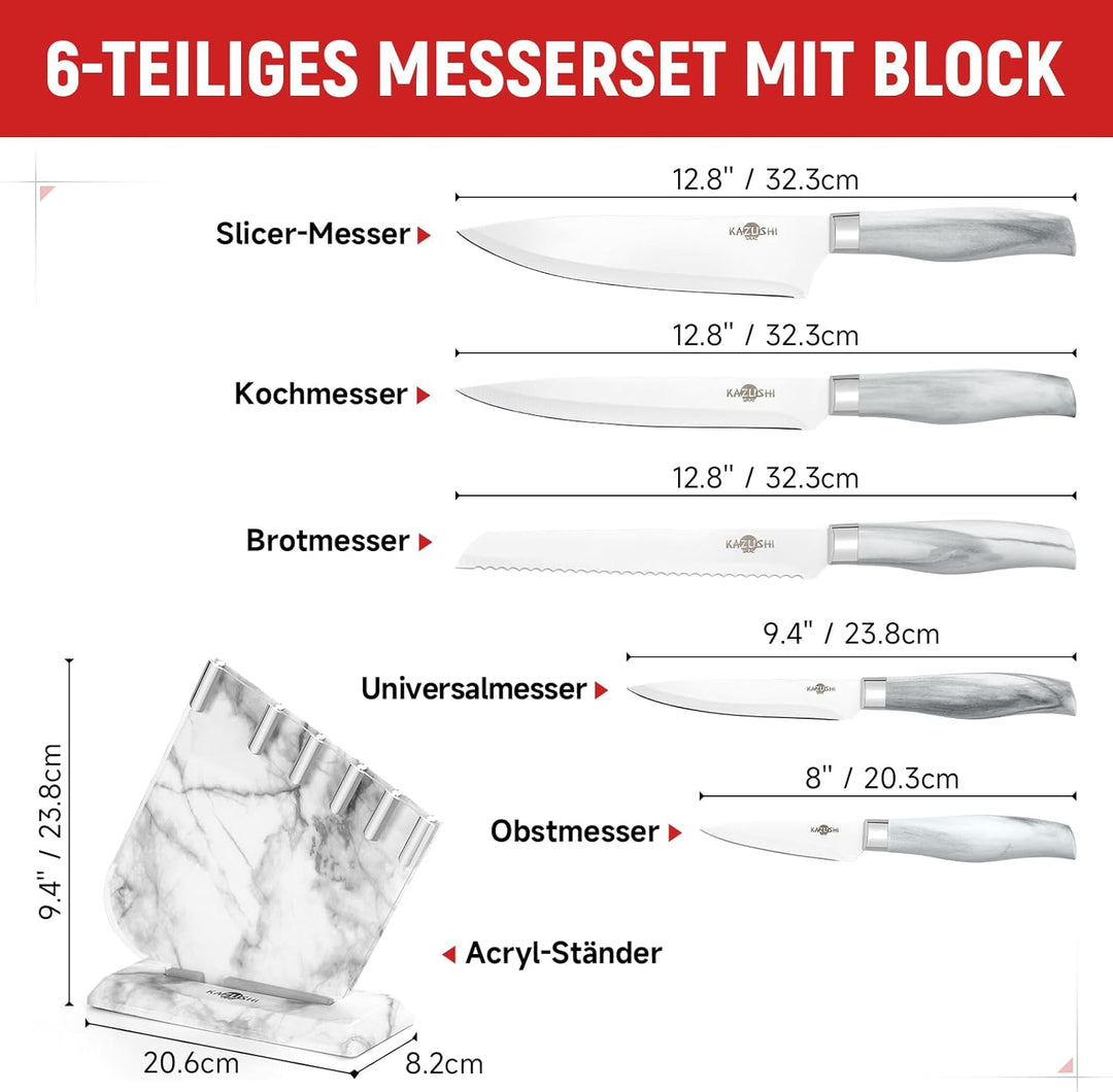 Messerset mit Messerhalter, Küchenmesser Set, 6-teilig Profi Messerset mit Block, Edelstahl Messer S