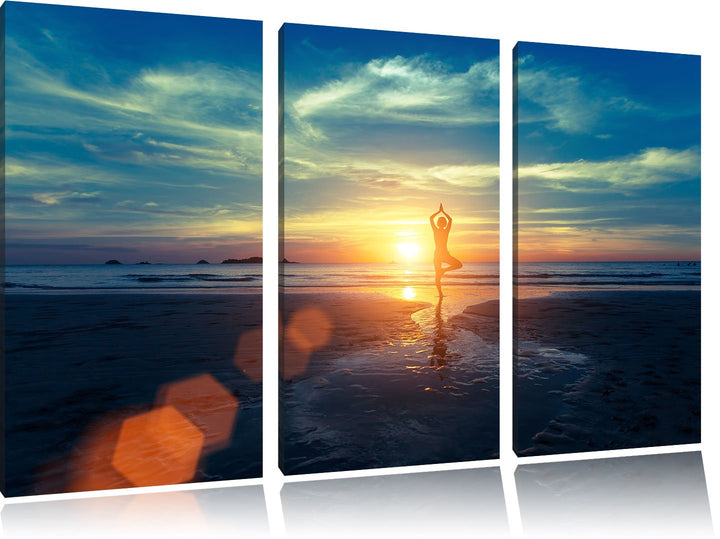 Pixxprint Yoga Silhouette am Strand als Leinwandbild/Grösse: 3 Teilig (120x80) / Wandbild/Kunstdruck