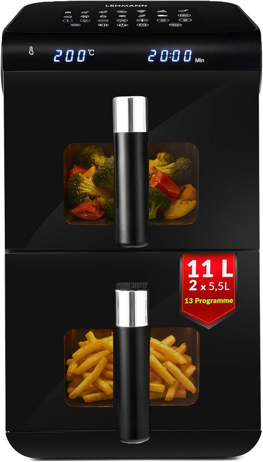 LEHMANN XXL Heissluftfritteuse 2 Kammern 11L, Airfryer Doppelkammer mit 2 vertikale Schubladen, 13 P