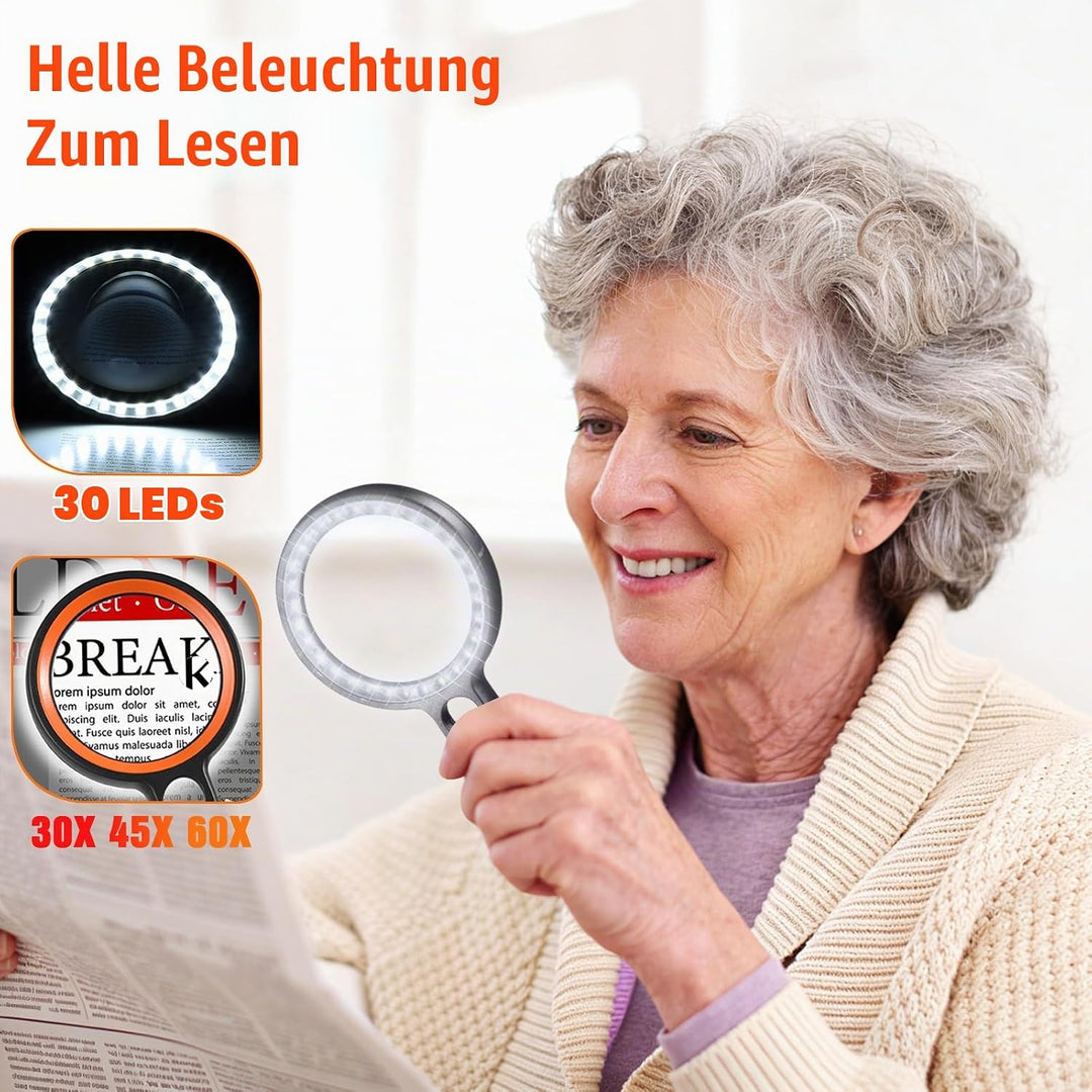 Lupe mit Licht mit 30 LED, 30X 45X 60X Leselupe mit Licht Gross, 30 Fach Vergrösserung Handlupe mit