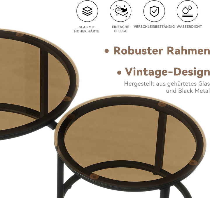 Hawthyhome 2 Stücke Beistelltisch Set rund, Moderne Kaffeetische, Couchtisch aus Glas mit Metallrahm