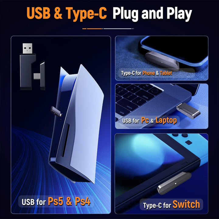 Ozeino Wireless Gaming Headset für PC/Ps4/Ps5 Gaming-Kopfhörer mit USB-A & USB-C Transmitter Gamer H
