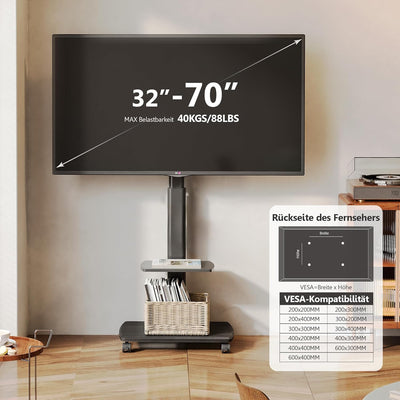 FITUEYES TV Bodenständer Rollbar mit Holzablage TV Standfuss TV Ständer Fernsehstand mit Rollen höhe