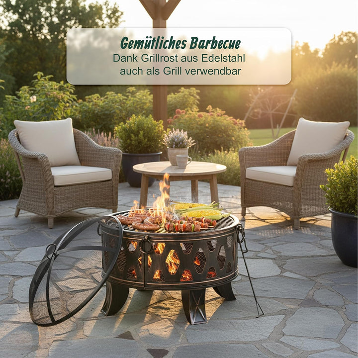 Relaxdays Feuerschale, Ø 66 cm, mit Grillrost, Funkenschutz & Schürhaken, Feuerstelle Garten, Feuerk