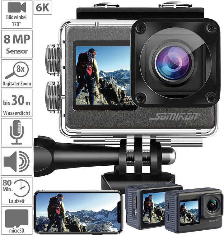 Somikon Action Kamera: 6K-Actioncam mit 2 Farbdisplays, WLAN, Bildstabilisierung, Sony-Sensor (Outdo