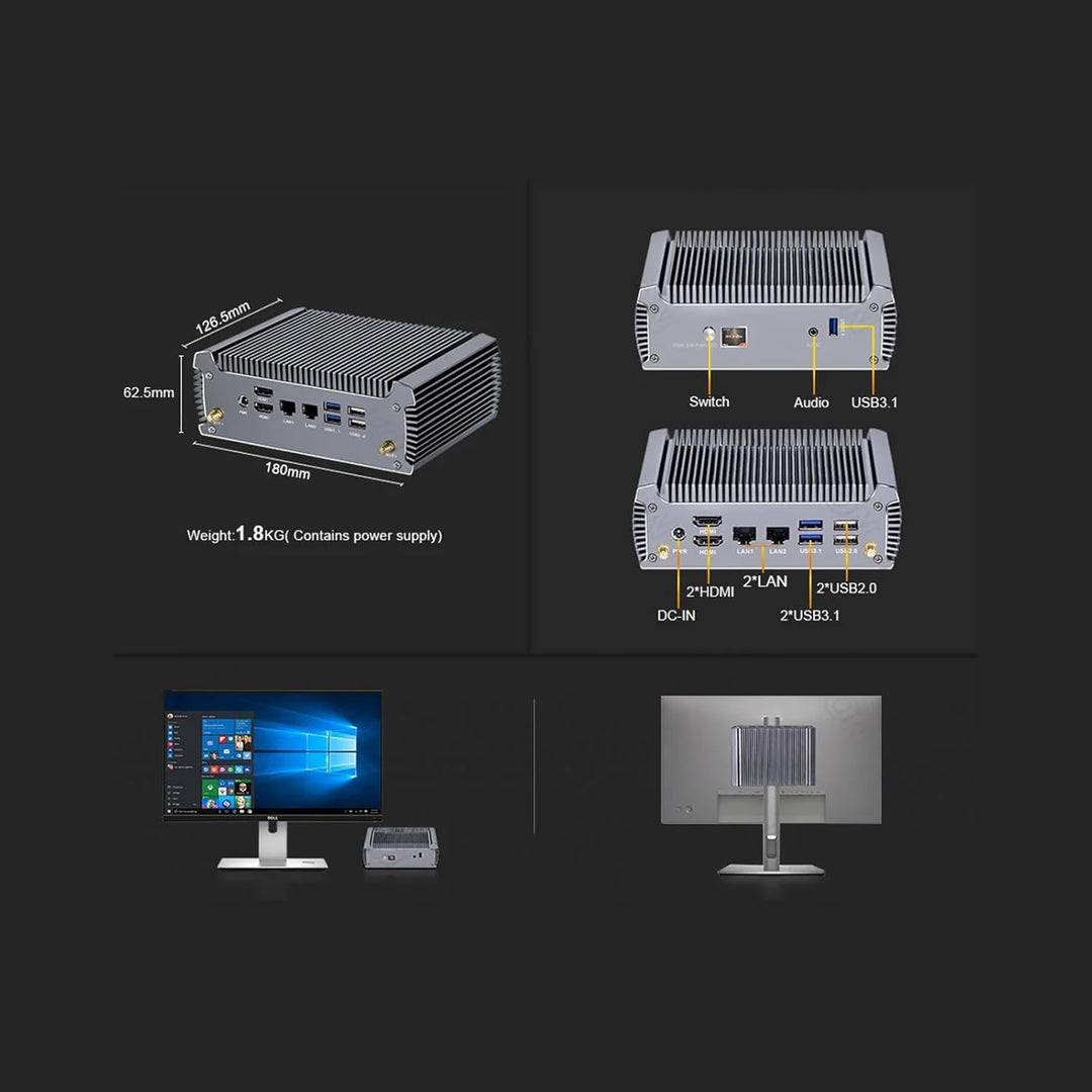 Lüfterloser Mini PC FU02 Ryzen 7 7730U Gaming Mini Computer Win11 Dual LAN Firewall Router 2*HDMI2.0