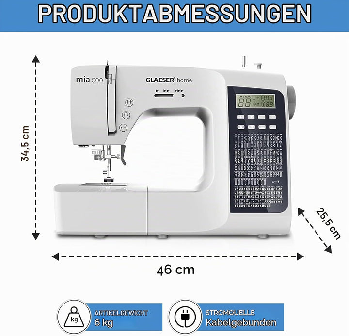 GLAESER Digitale Nähmaschine Home mia 500 300 Stich-Varianten Doppelnadel LED Display Einklappbarer