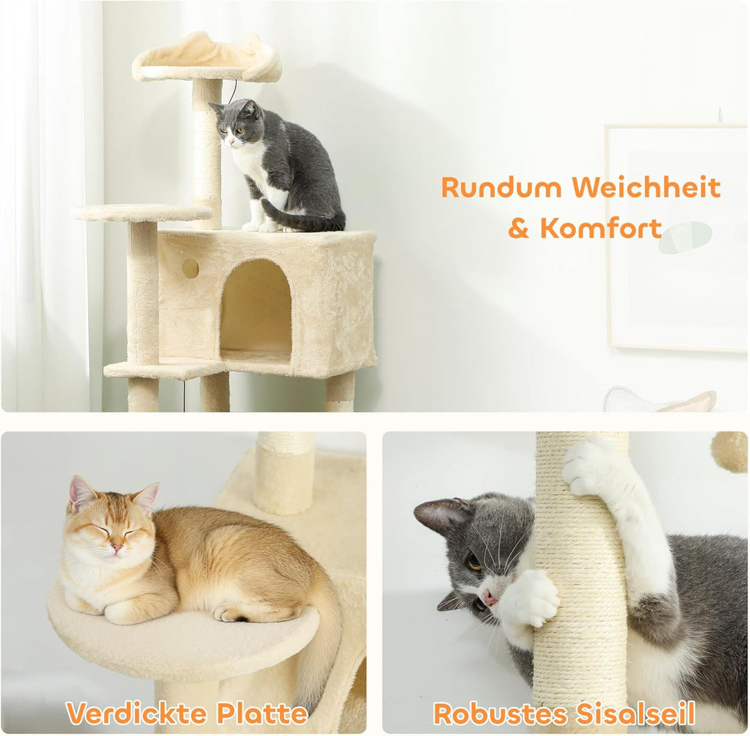 PawHut Kratzbaum, 160 cm hoch Katzenbaum mit 2 Höhlen, Korb, Hängematte, 2 Bällen, Katzenbett mit Ka