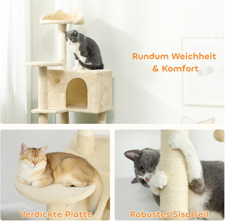 PawHut Kratzbaum, 160 cm hoch Katzenbaum mit 2 Höhlen, Korb, Hängematte, 2 Bällen, Katzenbett mit Ka
