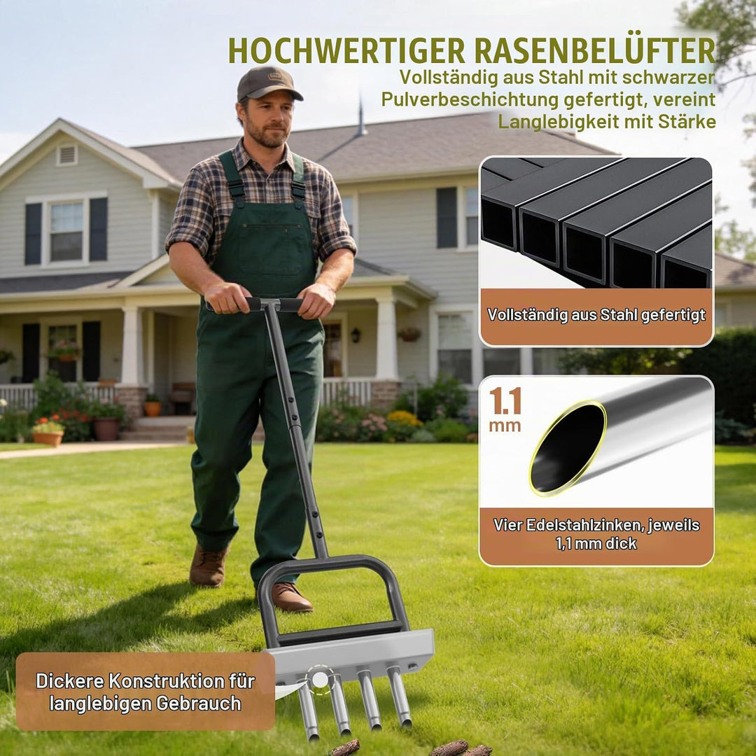 Rasenlüfter mit Auffangschale – Handbelüfter mit 3 Hohlspoons, T-Griff, Robustes Rasenbelüftungsgerä