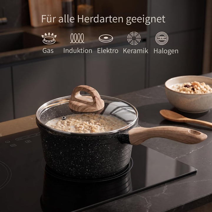 JEETEE Kasserolle 20 cm, 2.4L Stielkasserolle mit Deckel, klein Kasserolle Stieltopf, Milchpfanne Mi