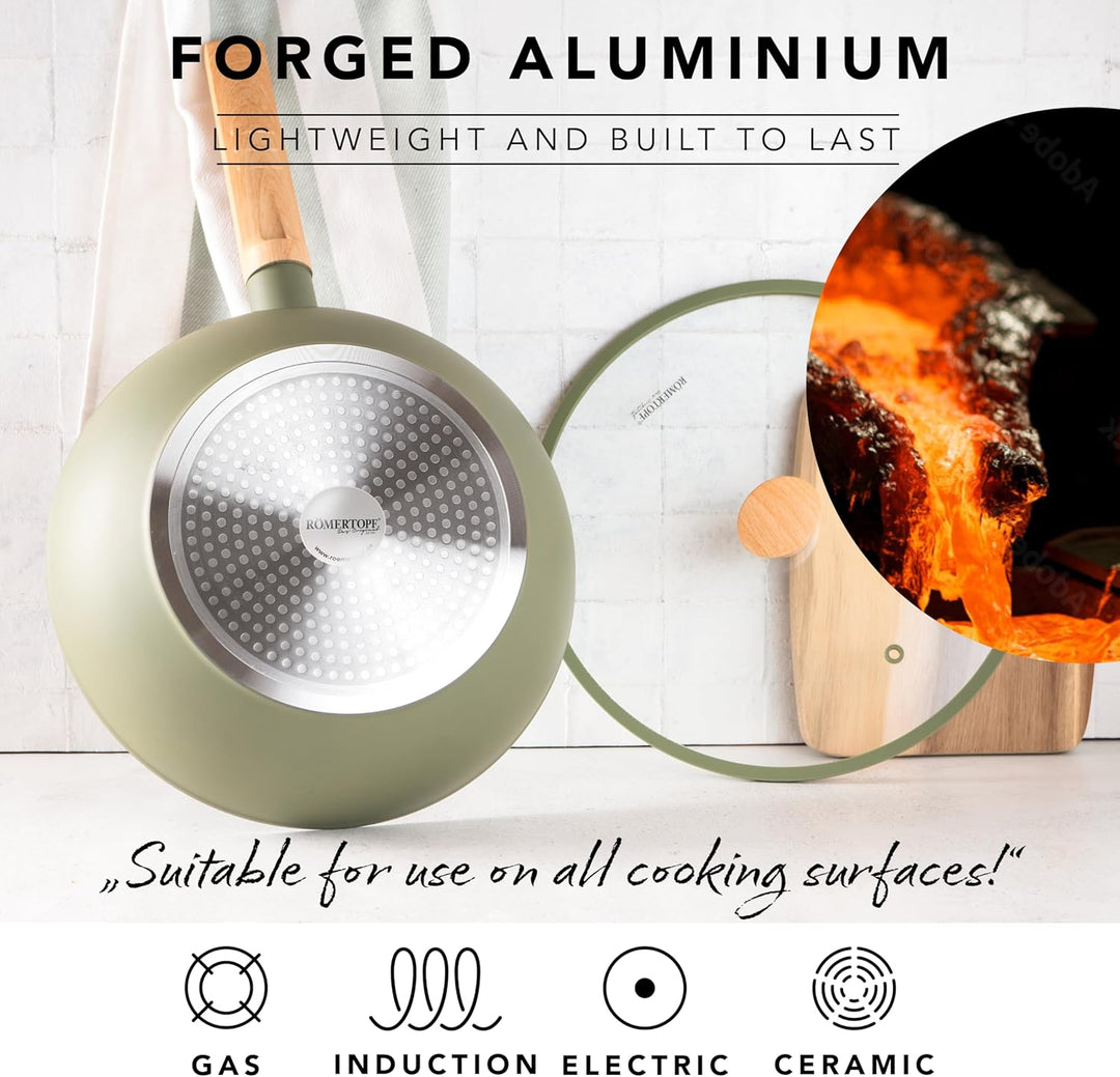 Romertopf Wok 28 cm mit Glasdeckel, 3,52 l Fassungsvermögen, Aluminium mit Keramik Antihaftbeschicht