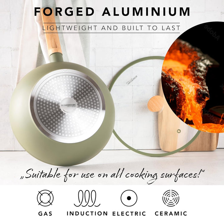 Romertopf Wok 28 cm mit Glasdeckel, 3,52 l Fassungsvermögen, Aluminium mit Keramik Antihaftbeschicht