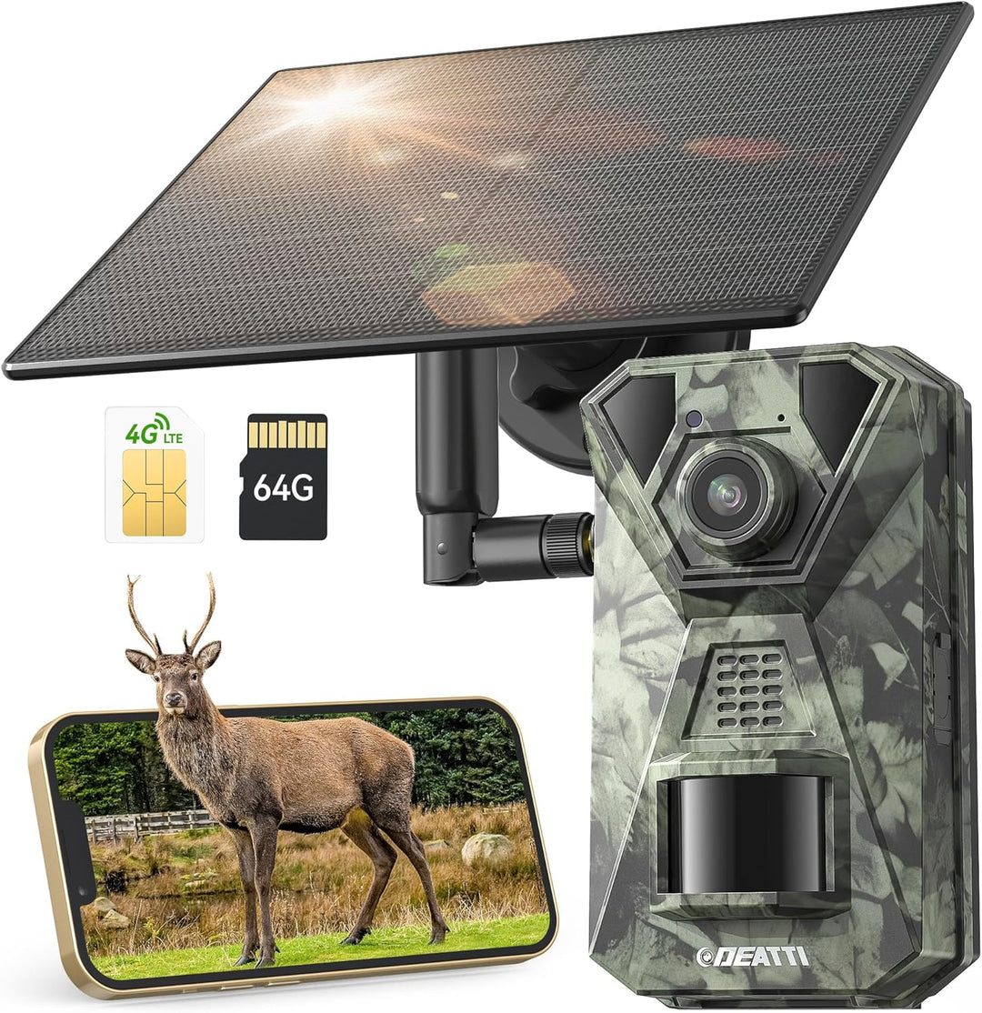 DEATTI 4G LTE Wildkamera mit Handyübertragung APP, 2.7K Solar Wildkamera mit SIM Karte, PIR Bewegung