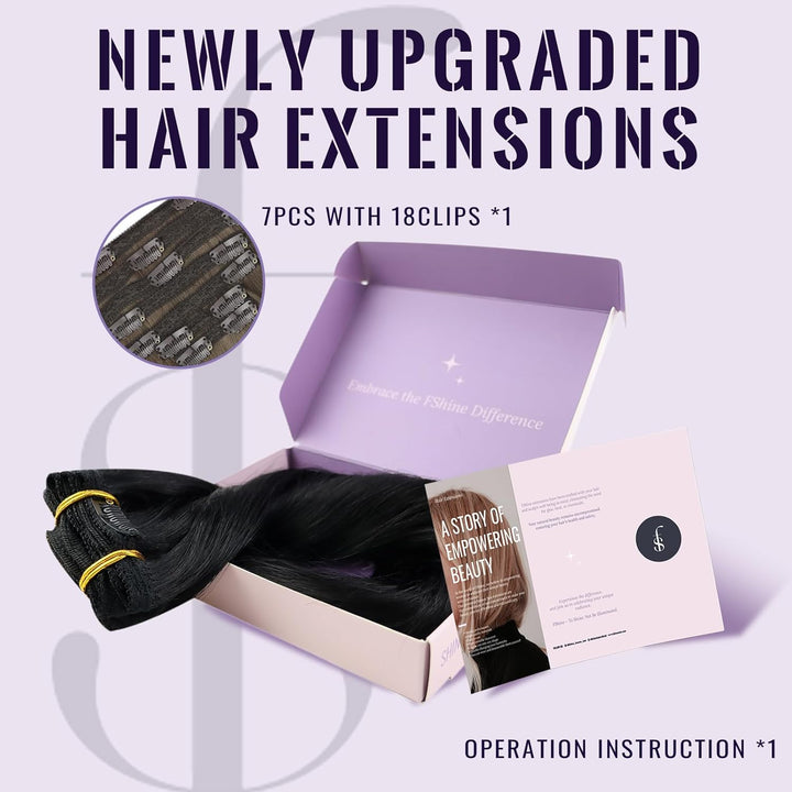 Fshine Clip in Extensions Echthaar Schwarz 60cm 120 Gramm Human Straight Haar Doppelt Weft Extension