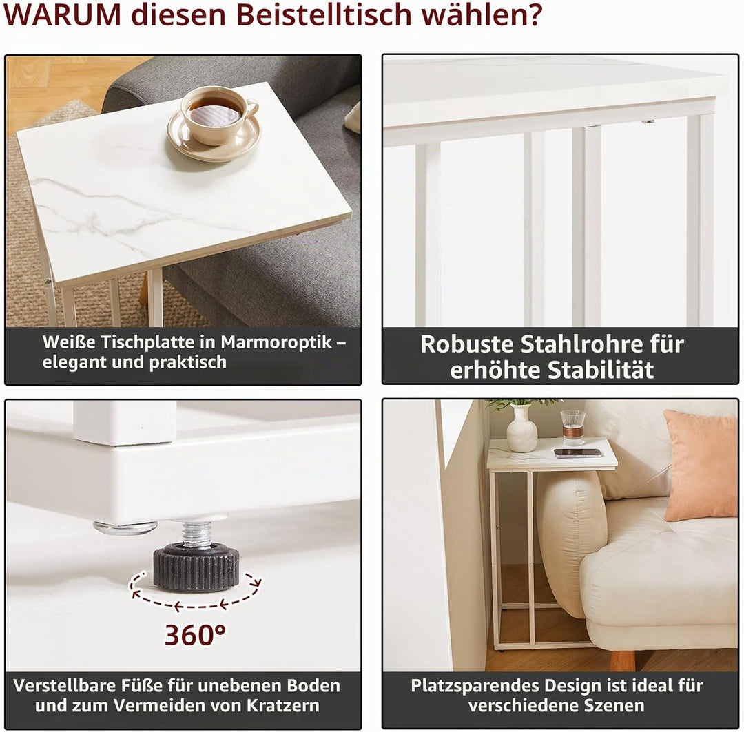 Aibiju Beistelltisch，Betttisch，Sofatisch ür Kaffee und Laptop, Industrie-Design, Modern, Weisse Marm