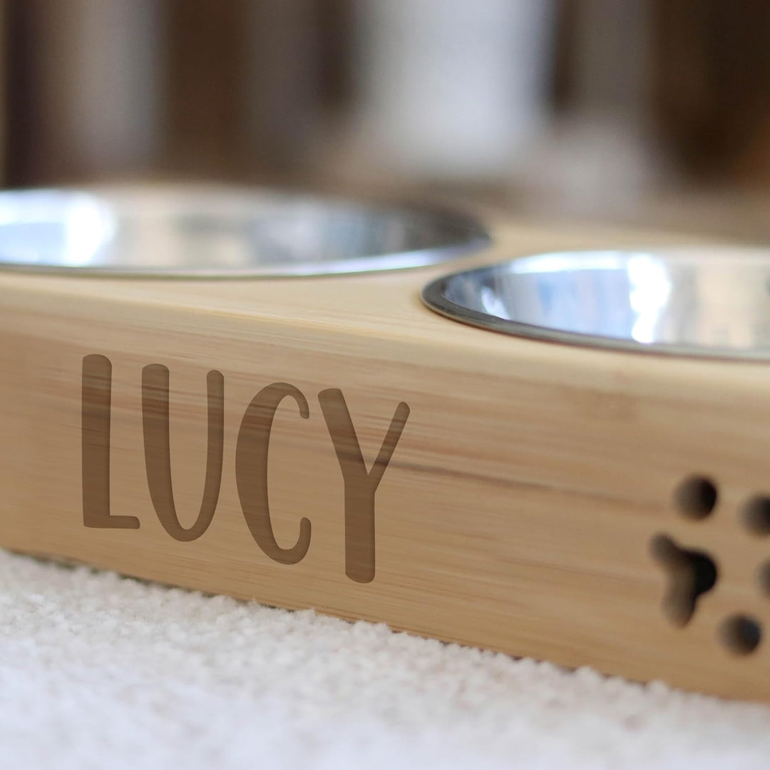 LAUBLUST Futterstation mit Name Personalisiert für Katze - Natur | 31x15x6 cm - Futternapf & Wassern