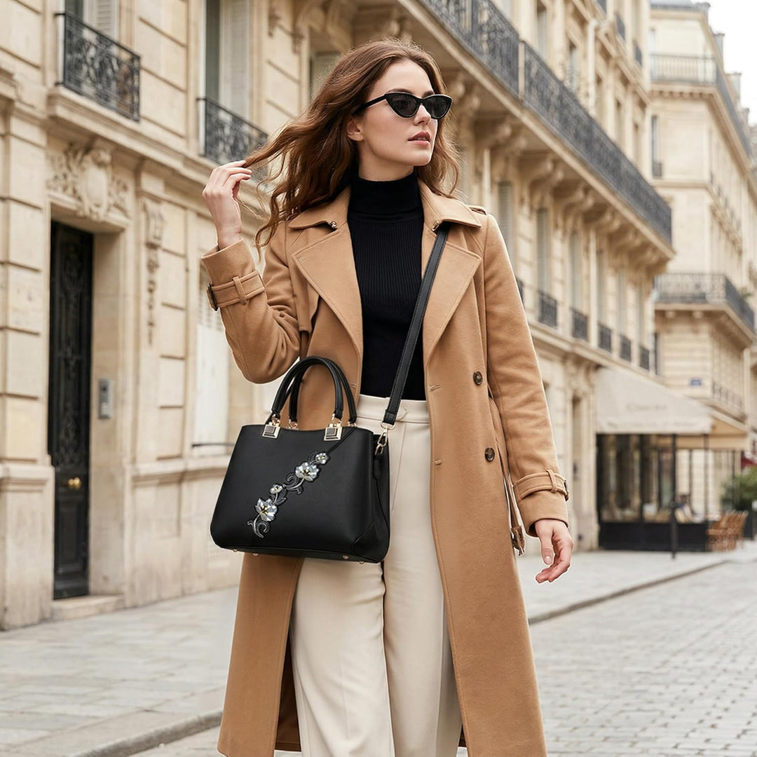 VARLIVOO Handtasche Damen Mittelgross Elegant Taschen mit Blumenstickerei Leader PU Henkeltasche Fra