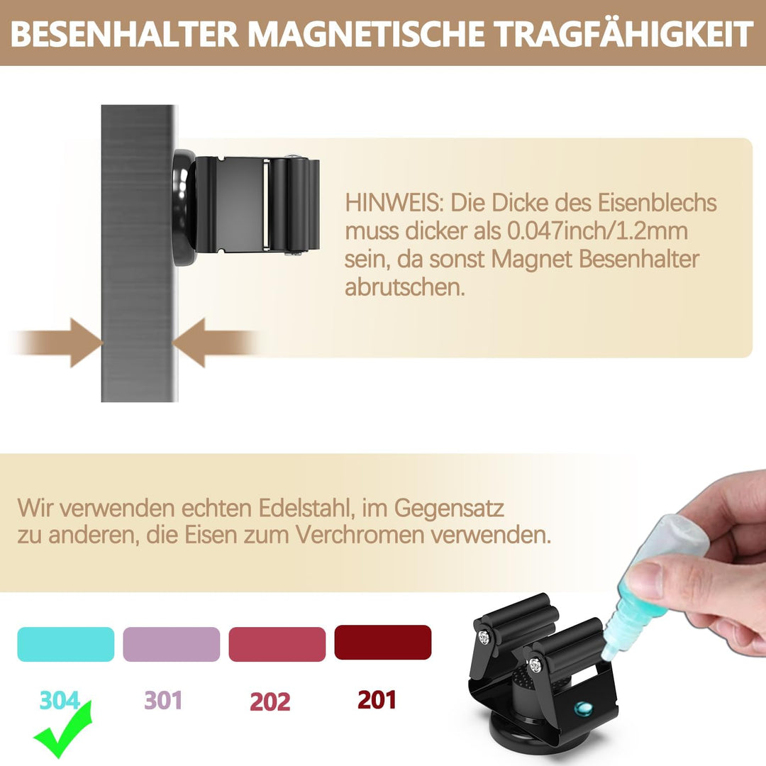 3-H 4 Stück Magnetischer Besenhalter, Edelstahl Gerätehalter Besenhalterung Wandaufhängung für Garte