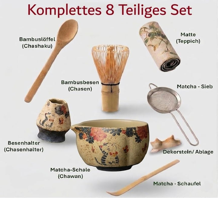 Matcha Set Japan 8-teilig – Premium Matcha Tee Set mit Keramik Schale, Bambus Chasen Besen & Halter,
