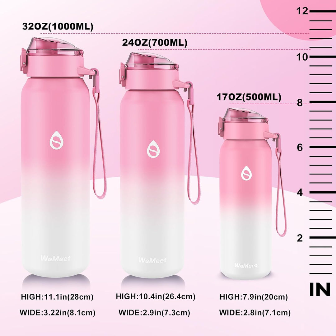 WEMEET Trinkflasche 18/10 Edelstahl mit Abnehmbare Strohhalm 1000ML, Auslaufsicher Edelstahlflasche