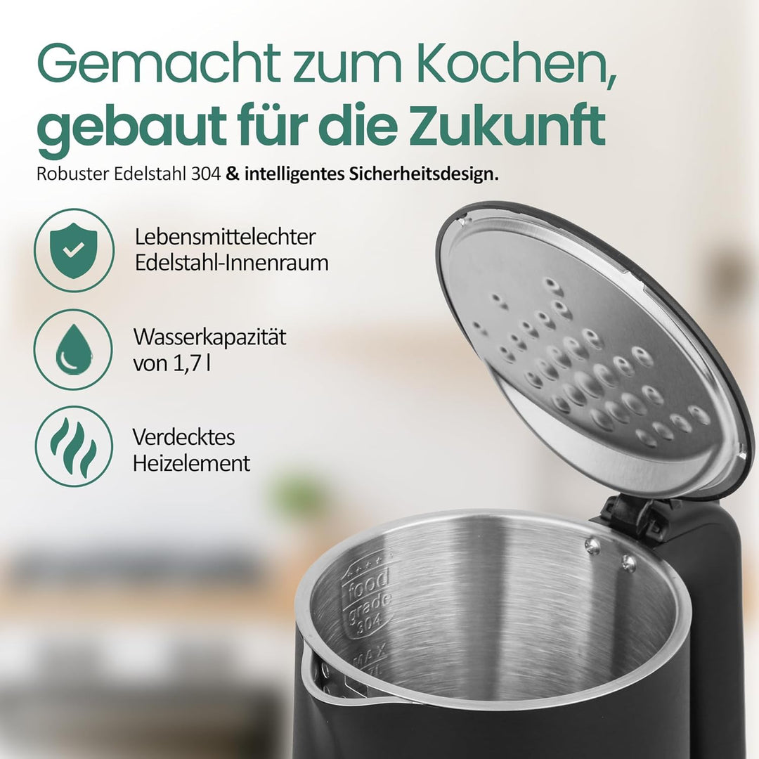 EMERIO Wasserkocher Edelstahl 1.7L | isolierte Doppelwand | Temperaturwahl 40-100°C in 5°C Schritten