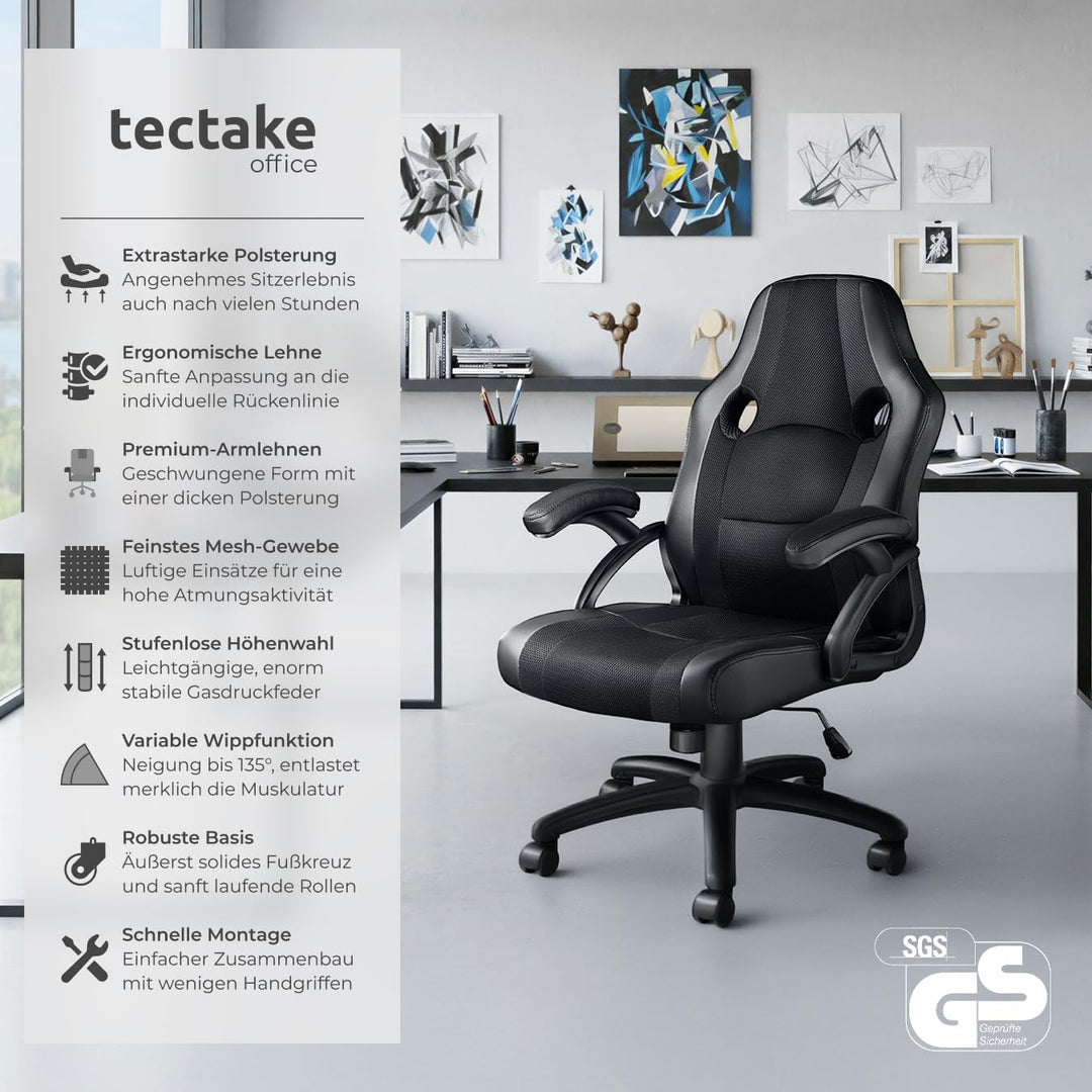 tectake® Gaming Stuhl, Bürostuhl ergonomisch, Racing Bürostuhl, Chefsessel mit Wippfunktion und Arml