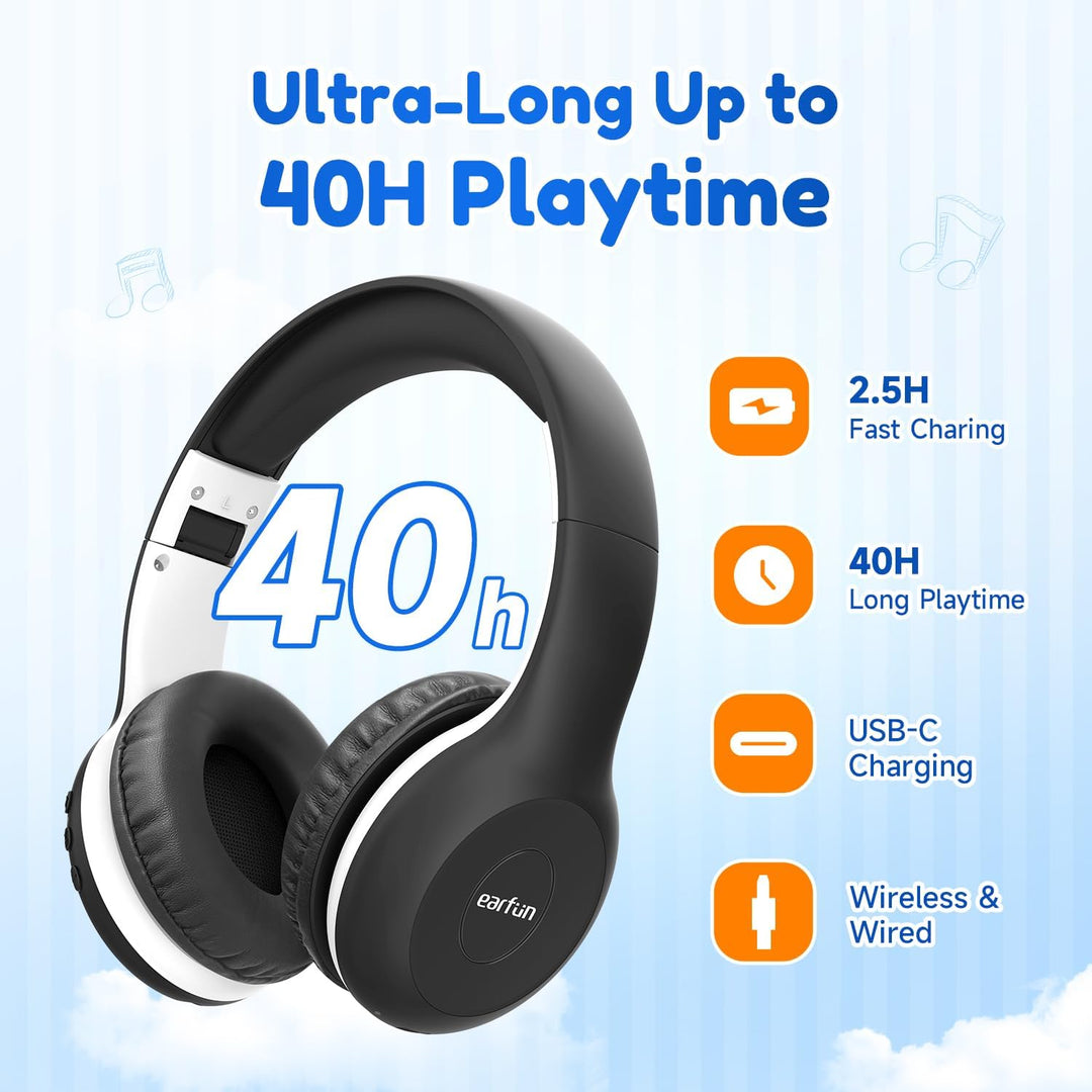 EarFun Bluetooth Kopfhörer Kinder, 85/94dB Lautstärkeregelung, HiFi Sound, HD-Mikrofon, 40 Std Akku,