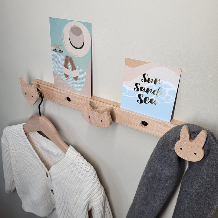 ScandiHooks Kinder Garderobe aus massivem Eichenholz, Wald-Tiere, Wandgarderobe, Hakenleiste, Bilder