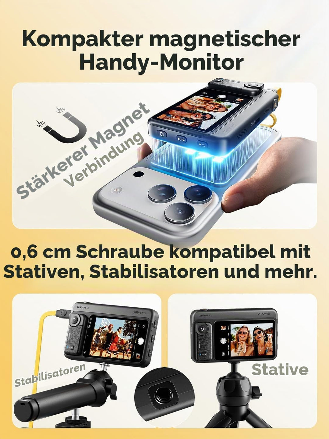 7RYMS Qshot V2 Selfie-Monitor-Bildschirm für iPhone &amp; Android,4K 60fps magnetischer Rückkamera-Monit