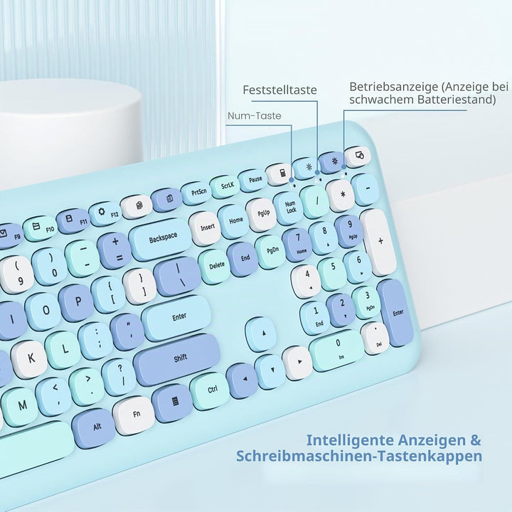 SOLIDEE Buntes kabellose Tastatur und Maus-Kombination,2.4GHz Retro Schreibmaschine Tastatur,104 Tas