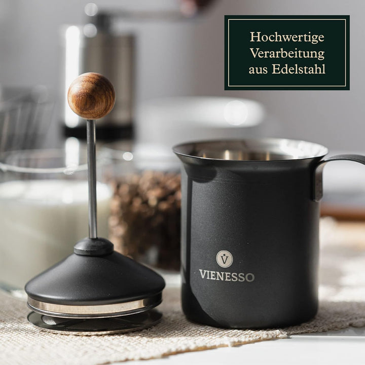 VIENESSO Milchaufschäumer (Manuell/Hand) aus Edelstahl - Milk Frother/Milchschäumer mit Doppelsieb: