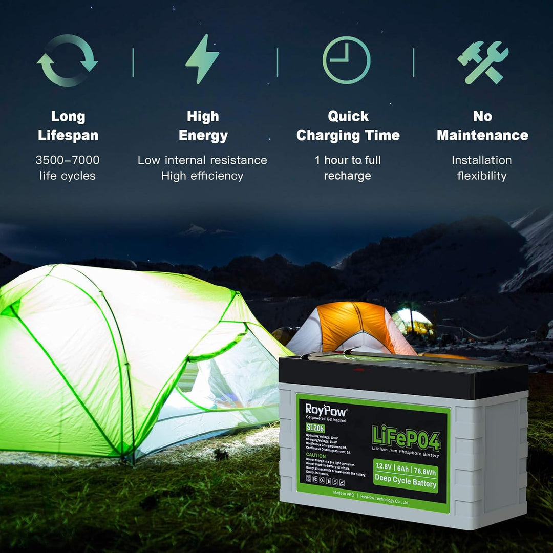 RoyPow LiFePO4 Deep Cycle Batterie 6Ah 12V Wiederaufladbare Lithium Eisenphosphat Batterie 12V 6A, 1