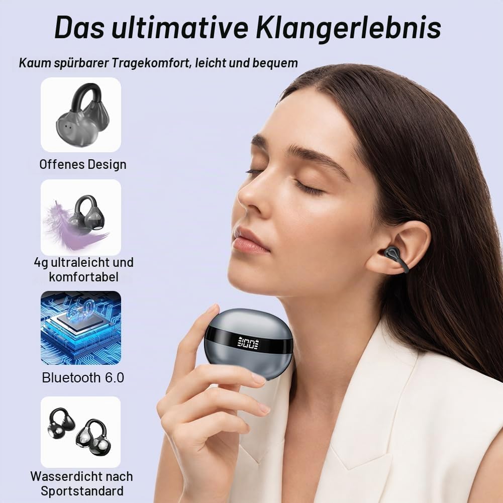 Clip-on Open-Ear Bluetooth-Kopfhörer Wireless,Bluetooth 6.0,60 Stunden Ultra-Lange Akkulaufzeit,Komf