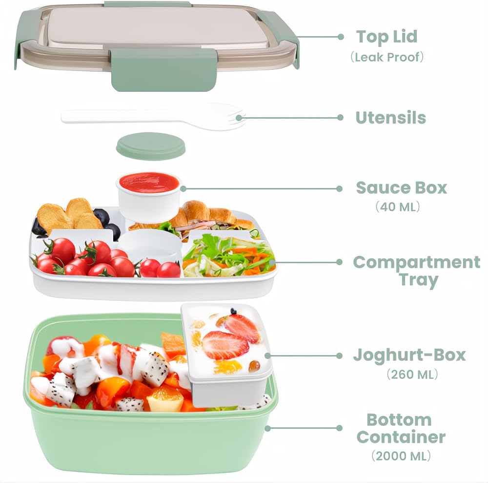 Bugucat Lunchbox Erwachsene 2000ML 2 Set,Auslaufsichere Brotdose Bento Box mit Fächern für Kinder,Sa