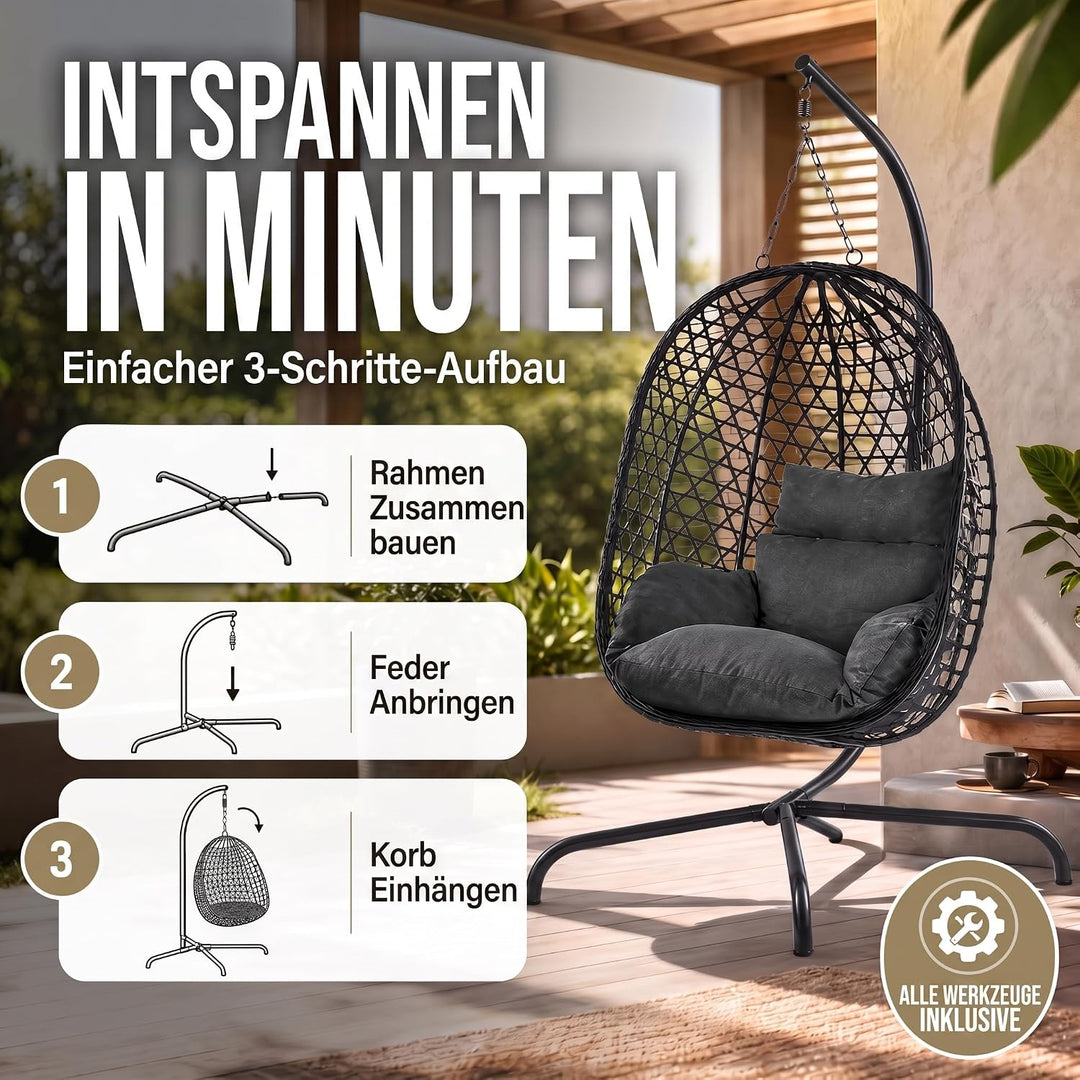 Hängesessel mit Gestell; Hängekorb Sessel; Schwebeliege Rattan Outdoor & Indoor Relax-Stuhl; Egg Sch