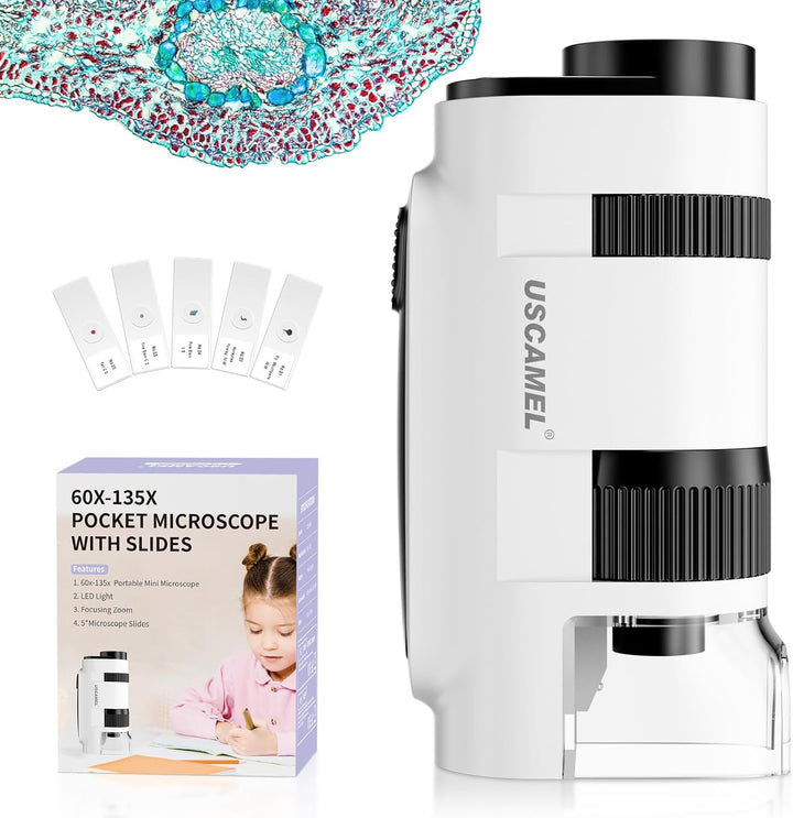 USCAMEL Taschenmikroskop für Kinder und Erwachsene - 60x-135x Mini-Mikroskop, Tragbares Handmikrosko