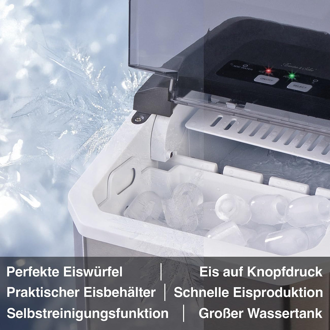 Rosenstein & Söhne Eiswürfelbereiter: Eiswürfelmaschine aus Edelstahl mit Selbstreinigung, 12 kg/Tag