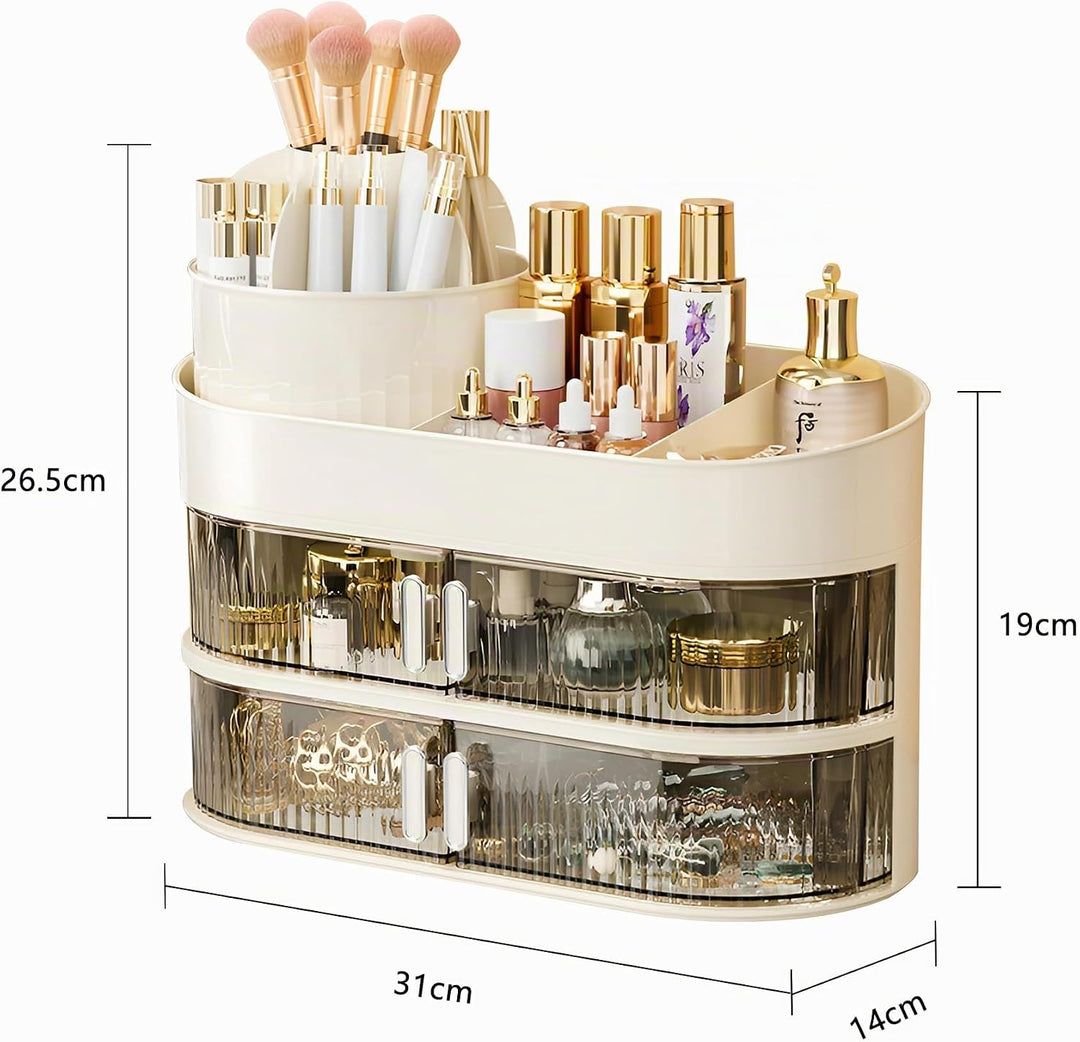 Make Up Kosmetik Organizer 360° Drehbar Mit Zwei Kleinen Schubladen für Schminktisch Schlafzimmer Ba