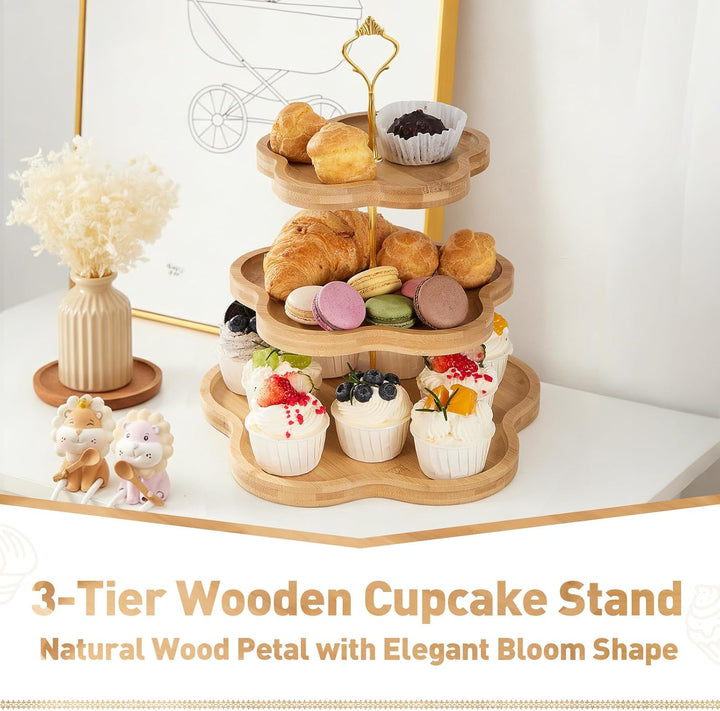 DUJUST Eleganter Holz-Cupcake-Ständer mit 3 Ebenen und Blumenform-Design, Bambus-Etagere für Cupcake