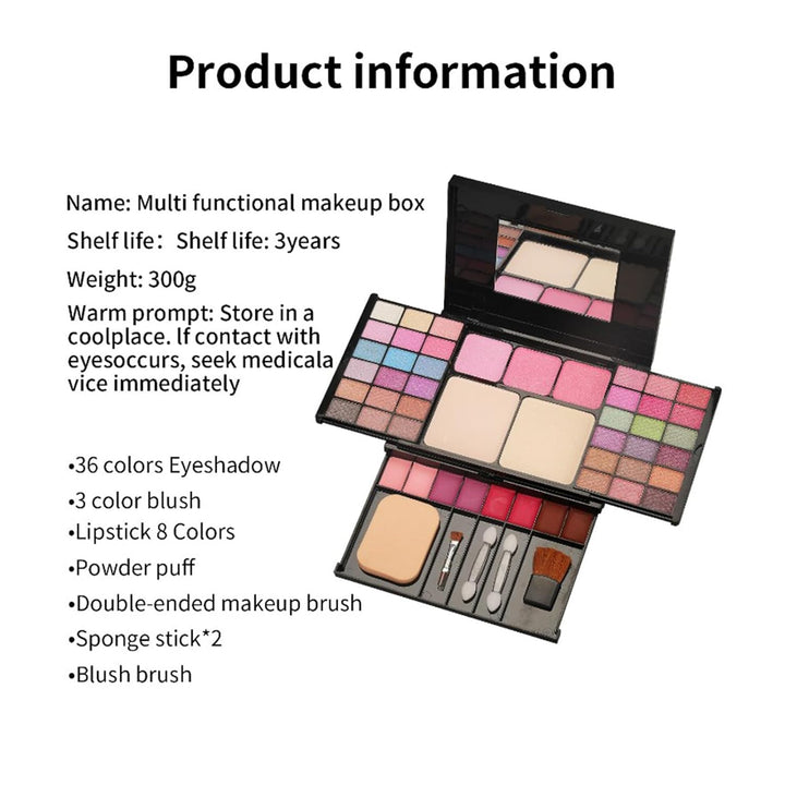 VolksRose Multifunktionale Make-up-Palette Set: 36 Lidschatten,3 verlaufende Rouge-Töne,8 Lippenstif