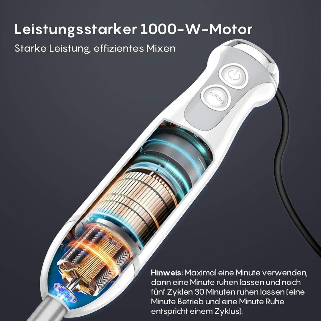 FRESKO 4-in-1 Stabmixer, 1000W Pürierstab Edelstahl, 12 Geschwindigkeiten und Turbo, inkl. 500ml Leb