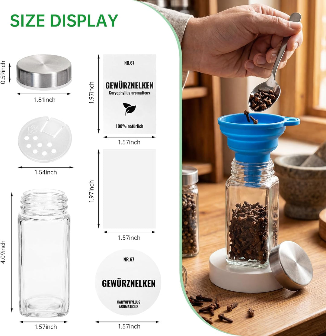 Gewürzgläser eckig 24er Set, 120ml Gewürzstreuer mit Edelstahl Drehdeckel, Gewürzbehälter gewürz org