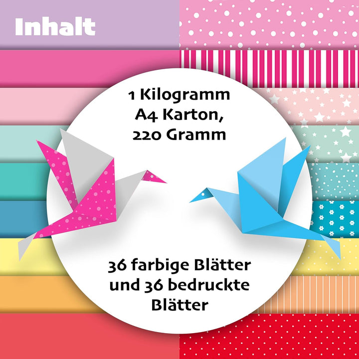 Craft Sensations 72 Blatt Dekorpapier - Karton - Buntes Papier DIN A4-220g/m² Set 9 Farben und Muste
