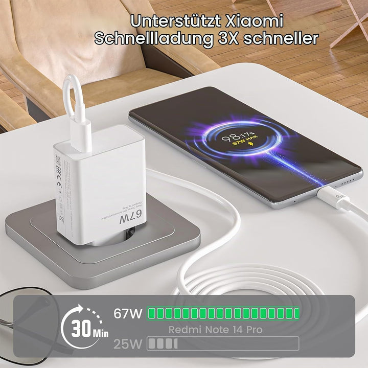 2 Port 67W USB C Ladegerät Netzteil mit 2 Typ C Ladekabel für Xiaomi 15 14 Ultra/14/14T/13T/13 Lite,