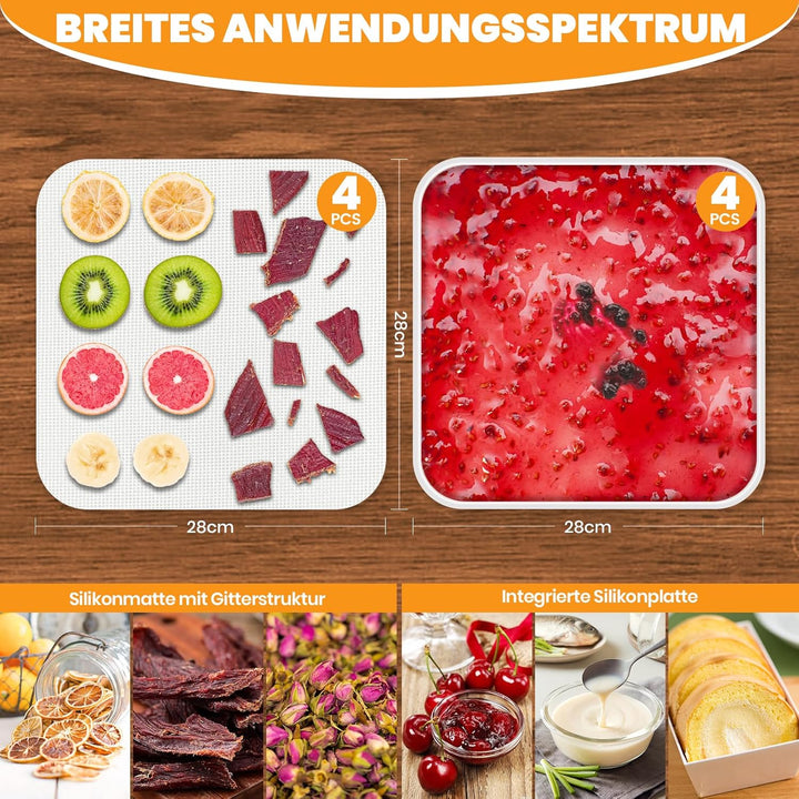 4er Silikon-Dörrfolie mit Rand, 4er Mesh Dörrfolie Silikon, Fruchtleder Matte Dörrautomat Zubehör Fü