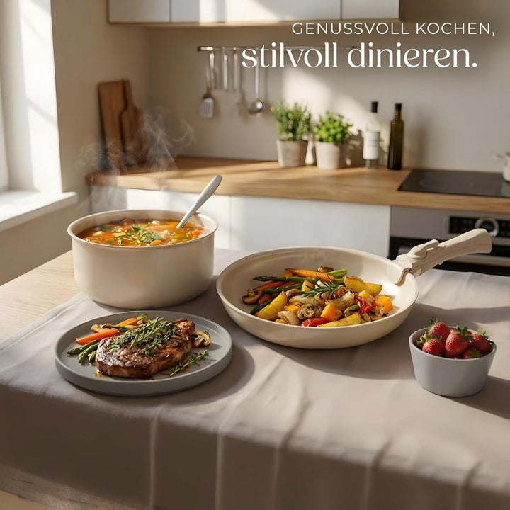 tectake® Küchenstarterset 6 Personen, Steingut Geschirr Set, Teller, 3 Pfannen, 2 Töpfe, rostfreies